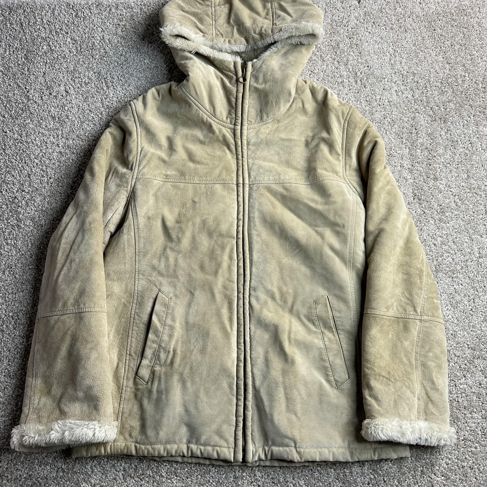 Avanti New York Coat Womens Medium Beige Suede Shearling Hooded Zip Lined